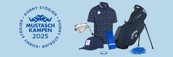 Golfutrustning inklusive golfbag, klubba, pikétröja, keps, handduk, peggar och armband bredvid logotypen "Mustaschkampen 2025 Dormy stödjer".