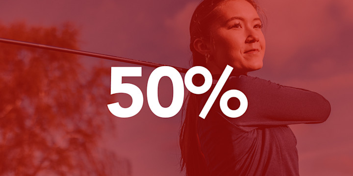Kvinna som svingar en golfklubba utomhus, med stor vit text "50%" över bilden.