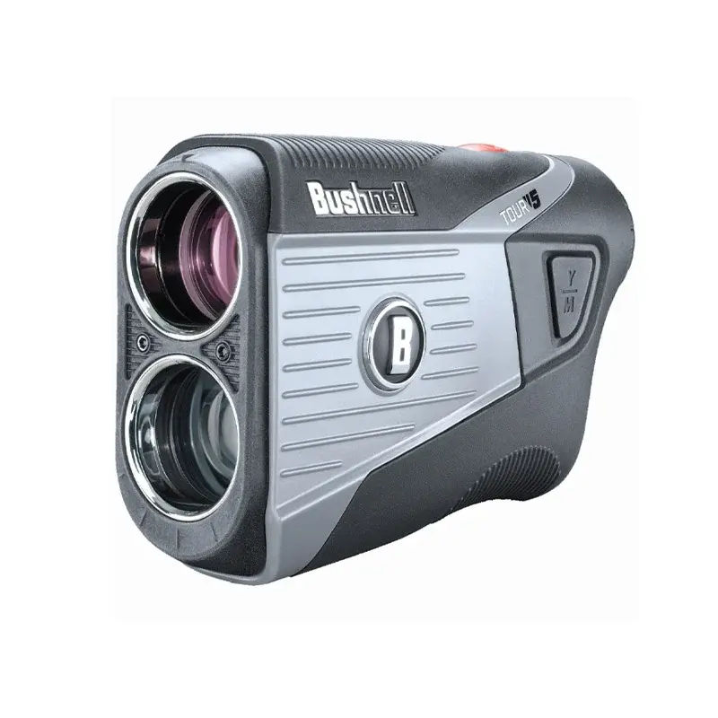 Télémètre de chez Bushnell, modèle Tour V5, doté de deux lentilles et d’un design noir et gris, utilisé pour le golf.
