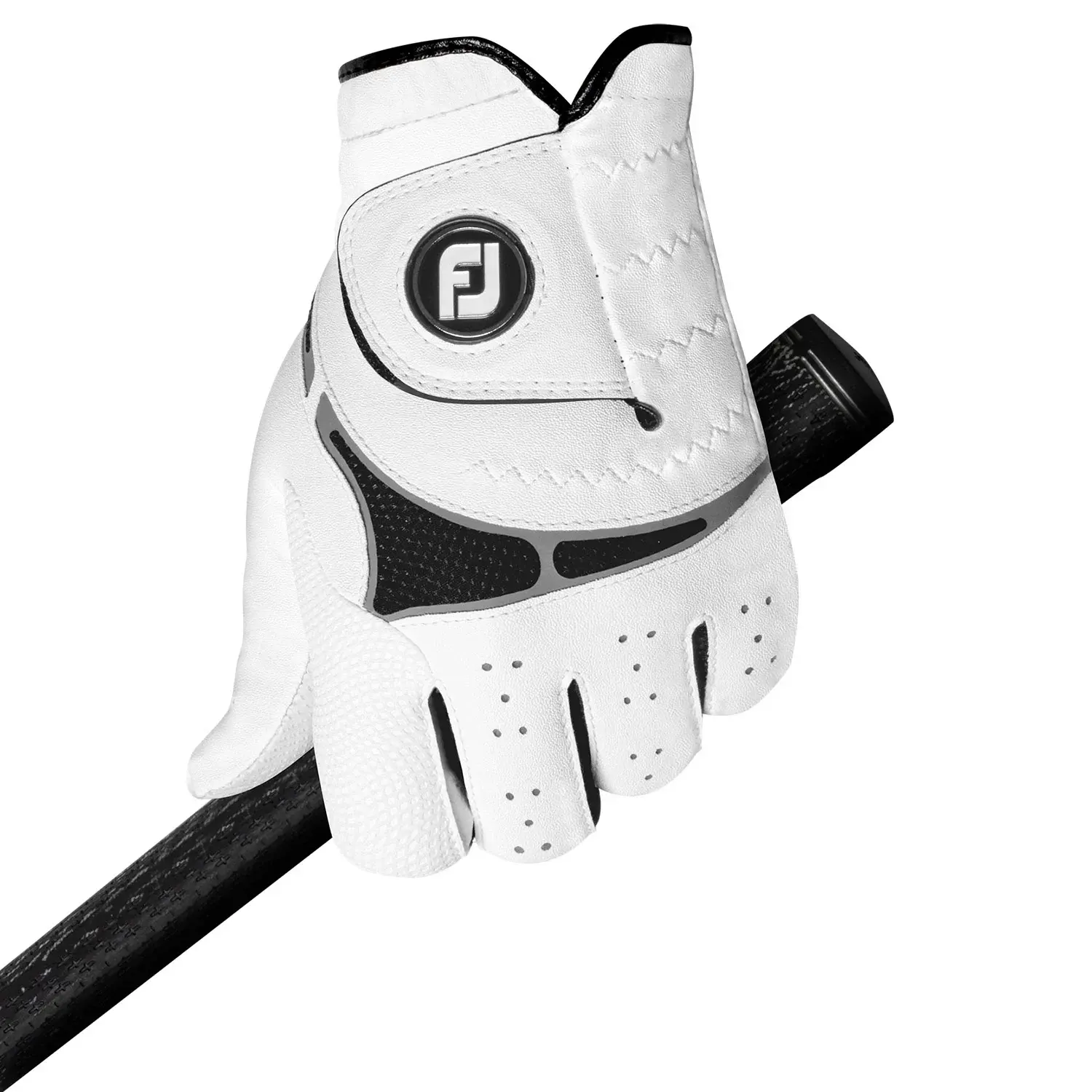 En vit golfhandske med svart FJ-logotyp håller i ett svart golfklubbskaft mot vit bakgrund.