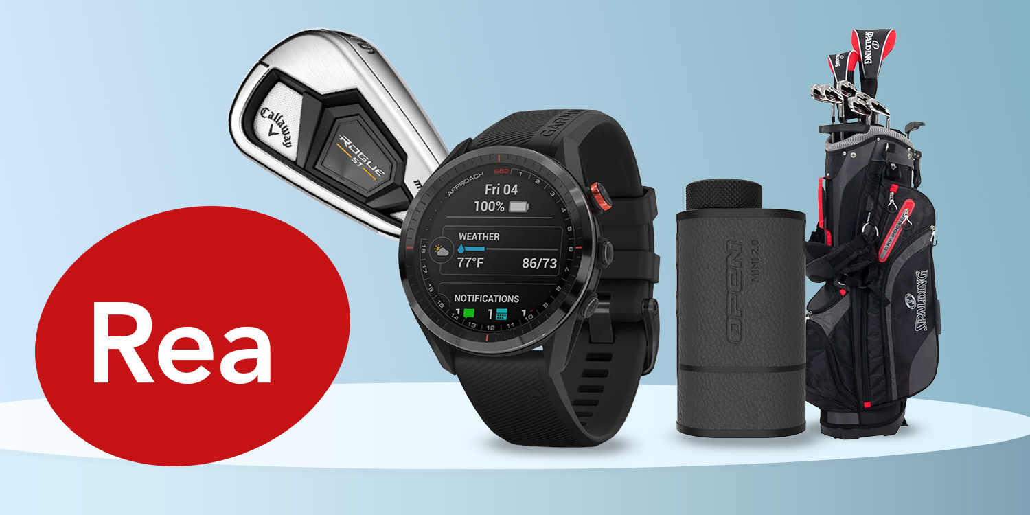 Golfklubba, smartklocka, avståndsmätare och golfbag med texten "Sale" på röd bakgrund.