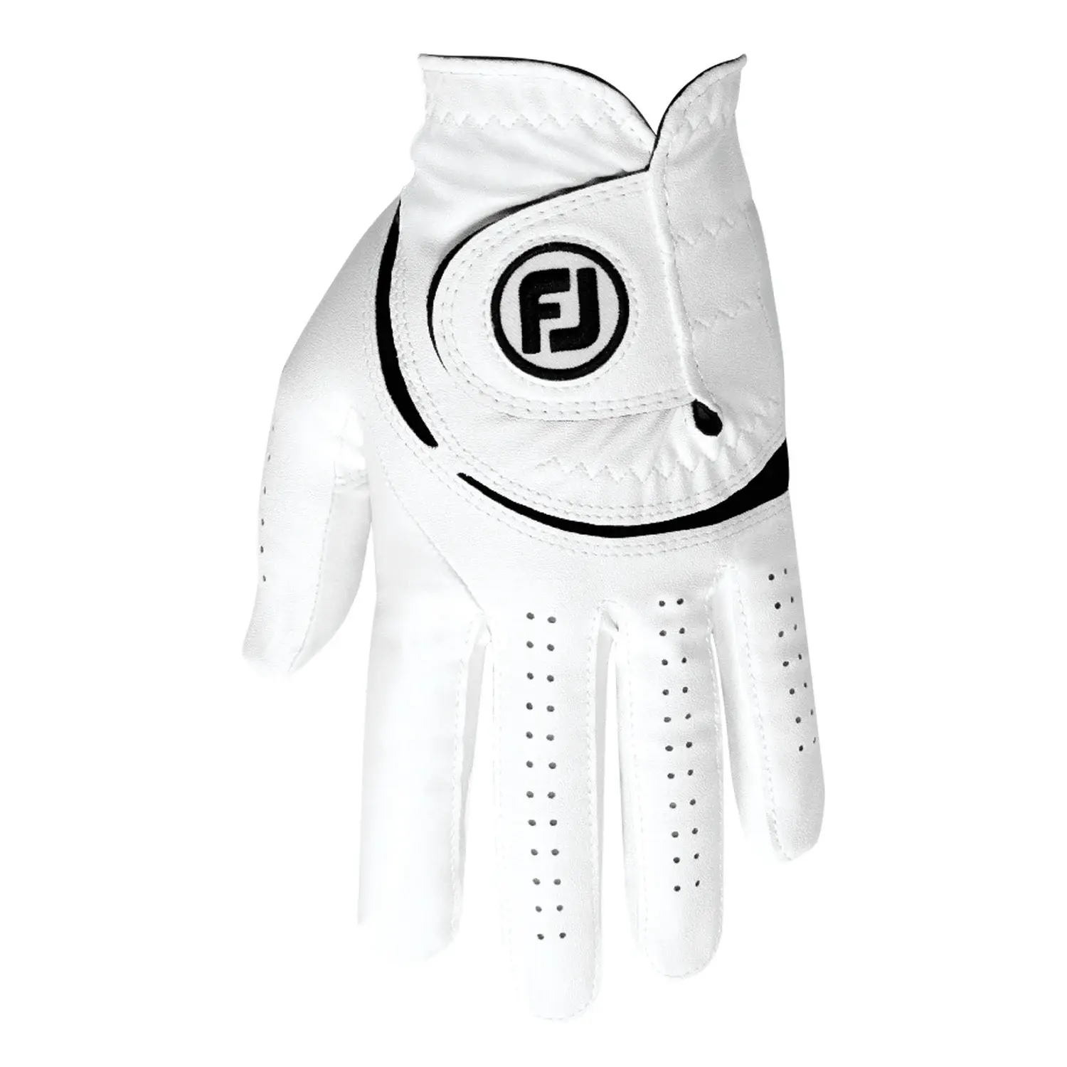 Vit golfhandske med svarta detaljer och logotypen "FJ" på handleden, perforerad för ventilation.