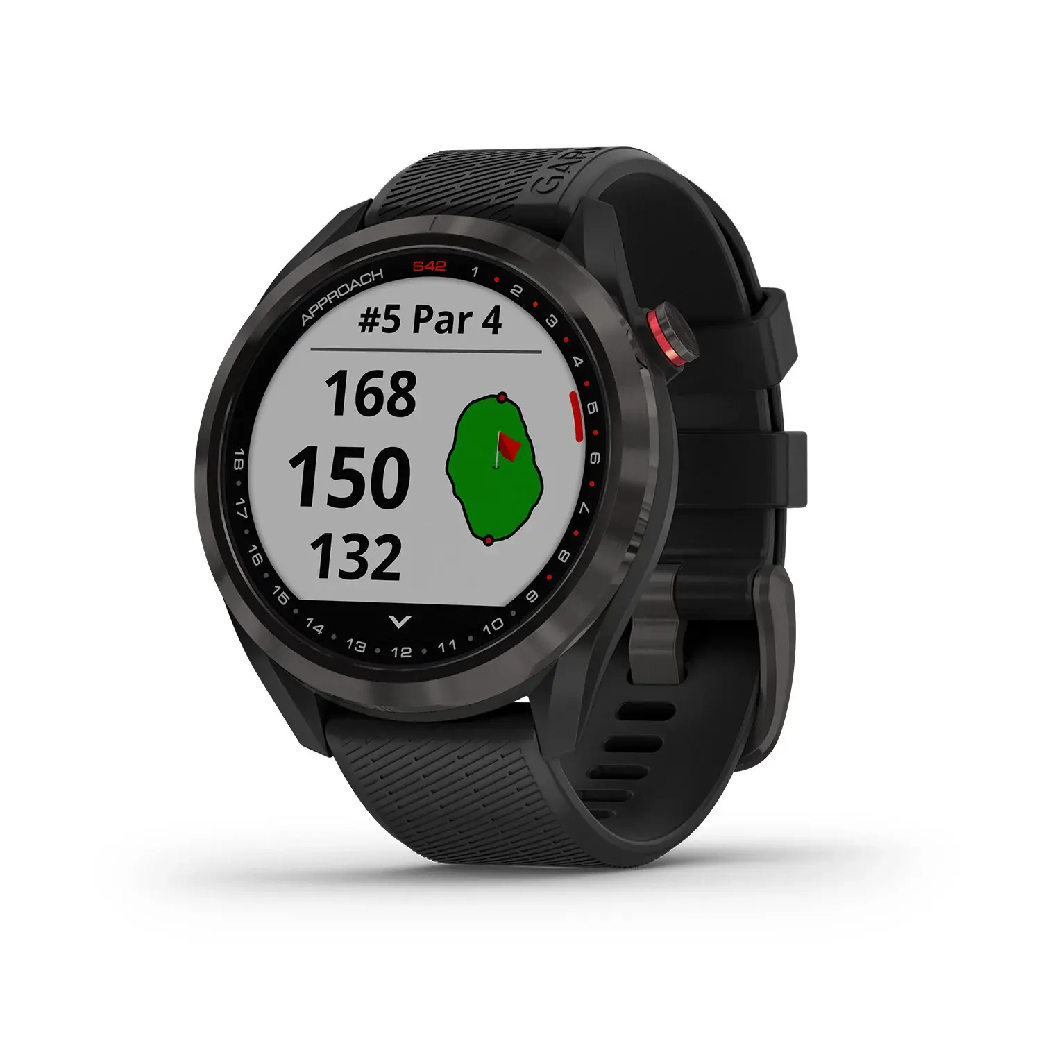 La montre de golf noire Garmin Approach S42 affiche les informations sur les trous, la distance jusqu’au green ainsi qu’un aperçu graphique du parcours sur son écran.