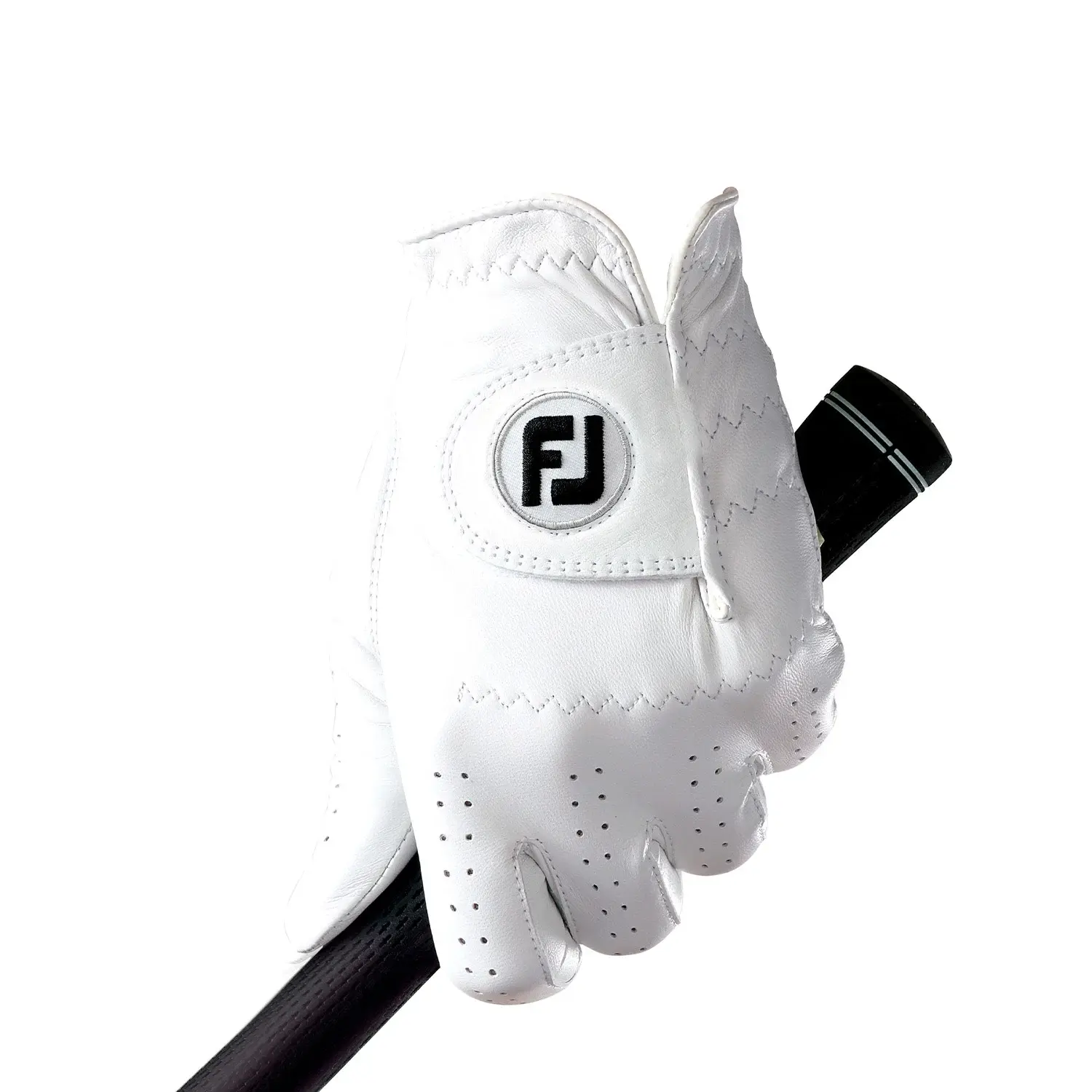 En vit golfhandske med FJ-logotyp håller i ett svart golfklubbsgrepp mot vit bakgrund.